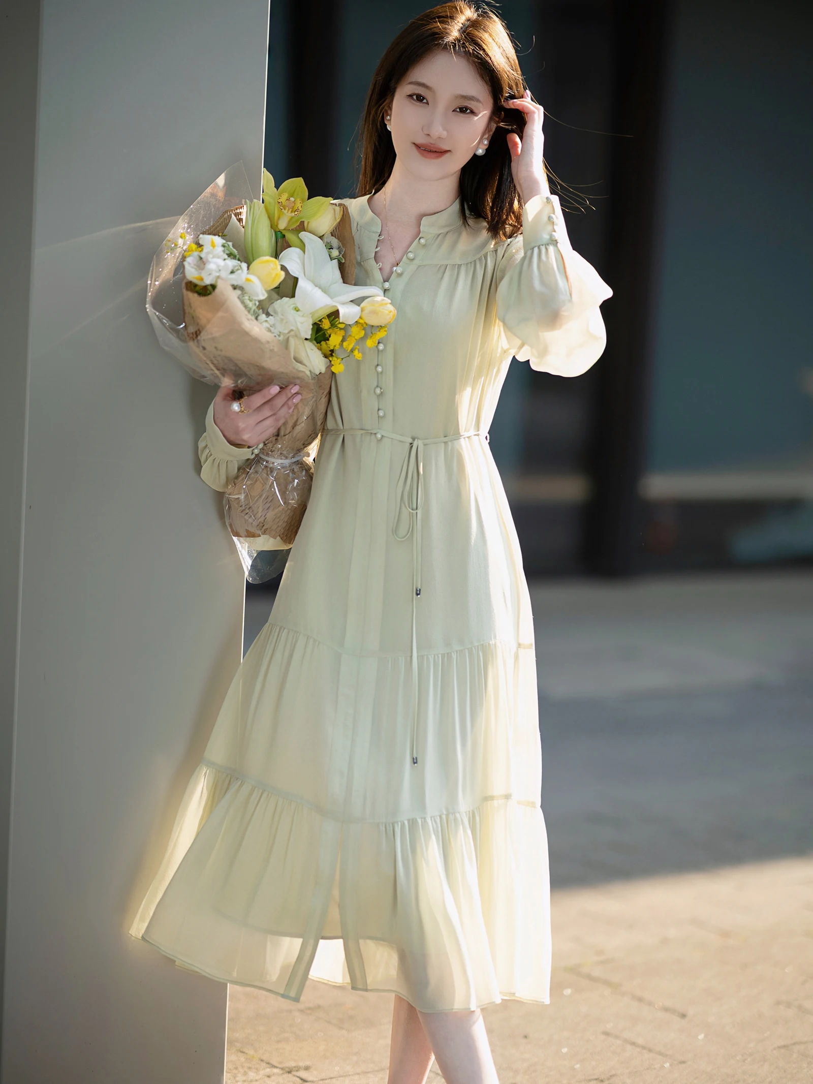 

Spring Season High Waist Silk Goddess Skirt A-Line Midi Dress Elegant Women's Fashion Commute Print Long Sleeve Color