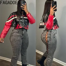 FAGADOER Black Embroidery Leather Jackets Moto Y2K Punk Streetwear Women Zip Long Sleeve Outwear Hot Girl Autumn Winter Clothing