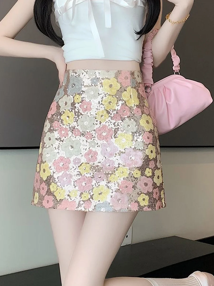 Sparkling Heavy Embellished Floral Half Skirt Women's High Waist A-Line Short Skirt Fashionable Trendy Commute Korean Style