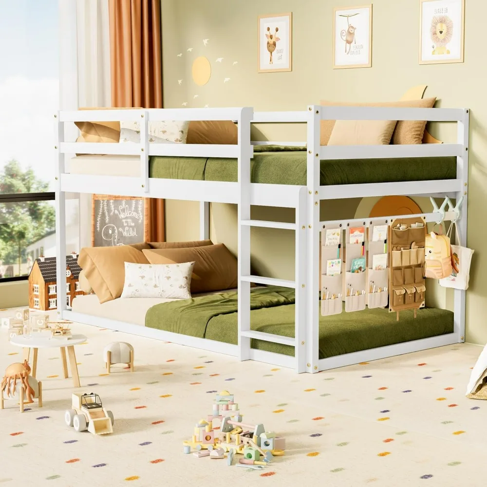 

Low Bunk Bed Twin Over Twin, Floor Bunk Bed with Ladder, Twin Bunk Bed with Full Guardrails, Wooden Beds for Kids, Beds