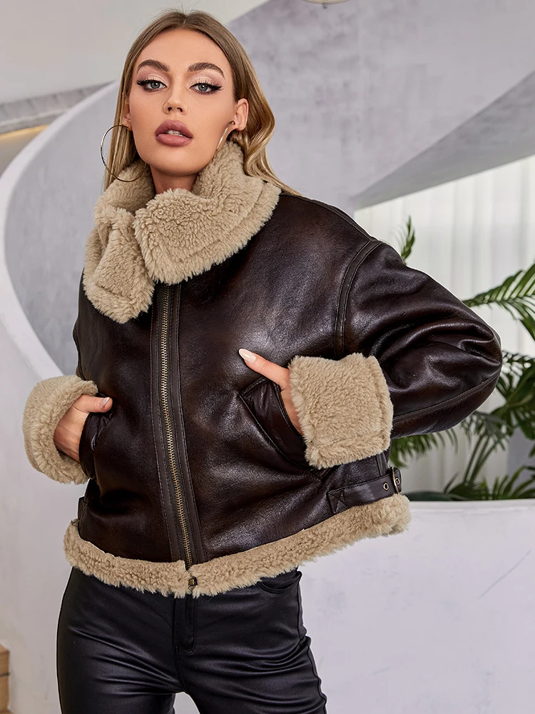 FTLZZ Autumn Winter Women Thick Warm Faux Leather Fur Short Jacket Vintage Female Zipper Loose Moto Biker Coat Outwear