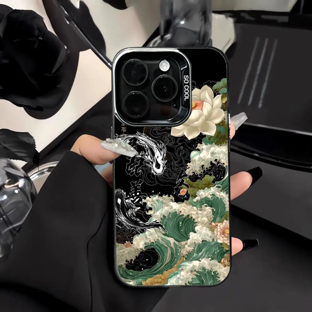 

Lotus Waves and Koi Mobile Phone Case Shockproof and Anti Slip Frosted Suitable for iPhone 16 15 14 13 12 11 Pro Max Plus Mini