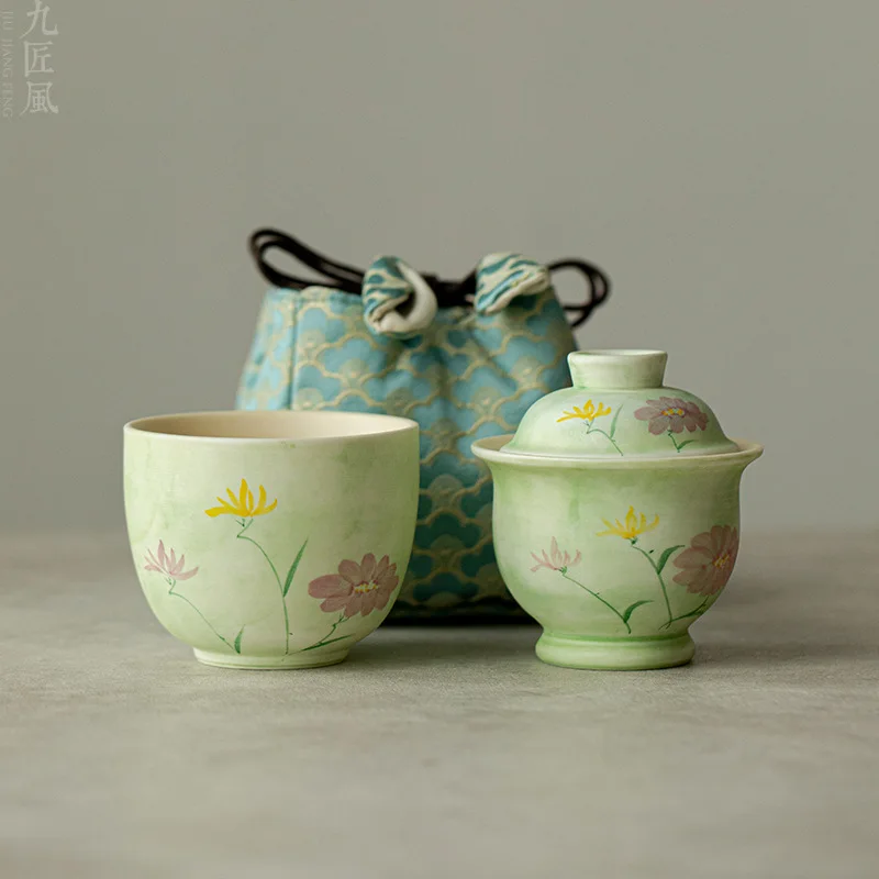 

Underglaze Color Gaiwan Set Hand-painted Ripple Daisy Travel Tea Set 1 Bowl 1 Cup Tea Maker Organizer Portable Outdoor Handbag