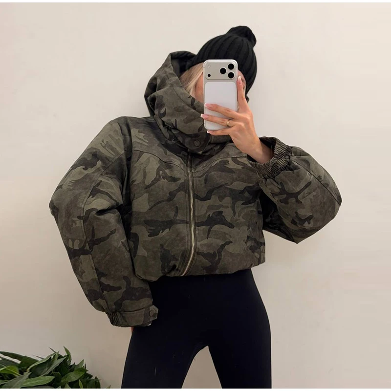Women Camo Print Hooded Zipper Jacket Elastic Cuff Jacket Cropped Short Length Loose Puffer Winter Warm Winter Street Jackets