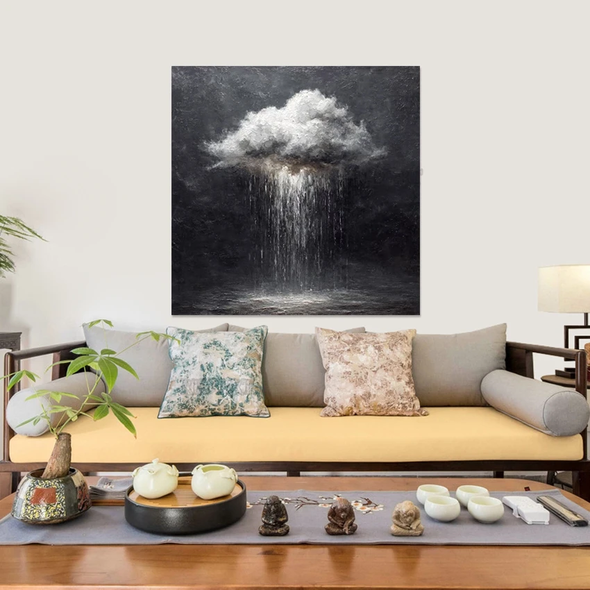 

Черно-белый абстрактный дизайн, картина на холсте с дождями, ручная роспись, текстурированная акриловая живопись, современные фрески без рамы