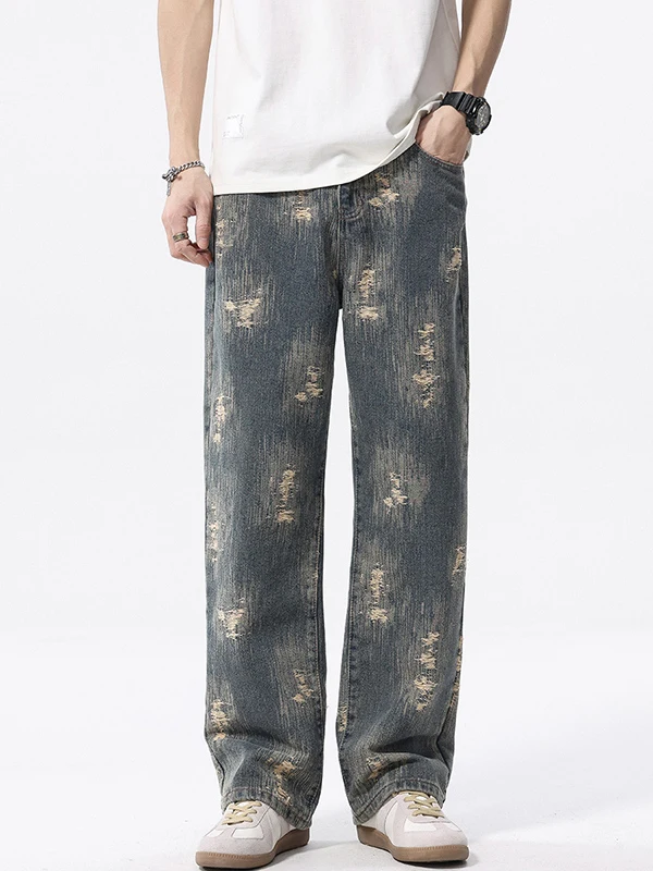 

Retro American Street Sle Men's Jeans Spring Autumn Loose Straight Leg Casual Wide Leg Long Pants Torn Cool Faion