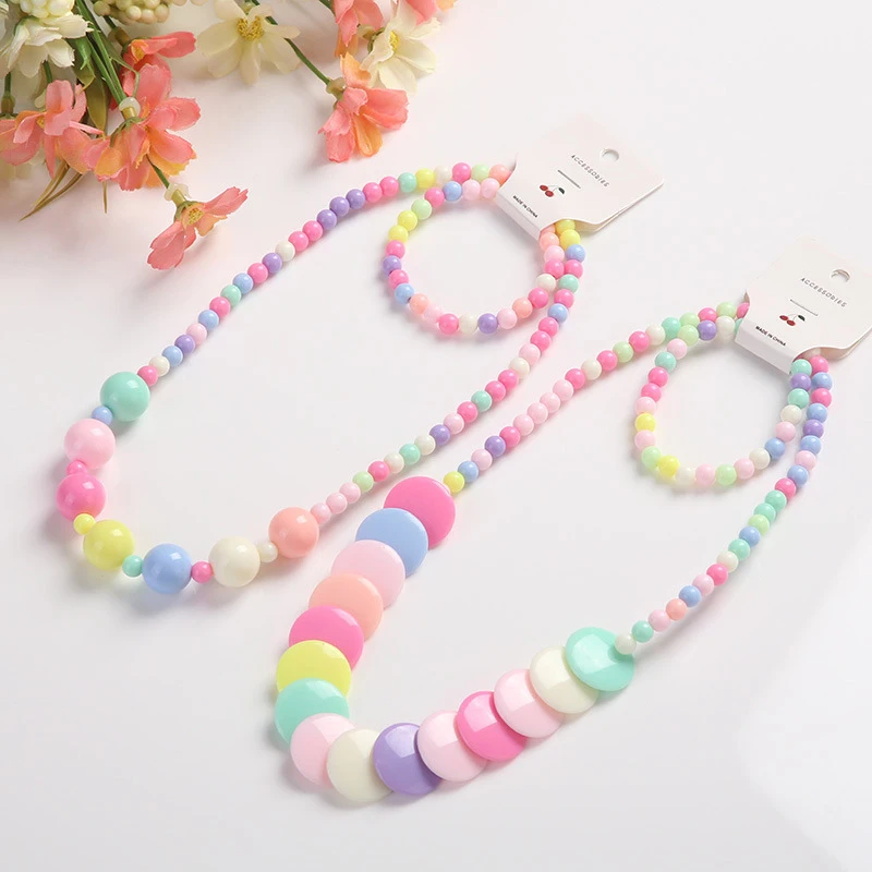 2pcs/set Candy Color Beads Jewelry Cute Flower Bow Strawberry Necklace Bracelet Sets for Kids Party Jewelry Girl Birthday Gift