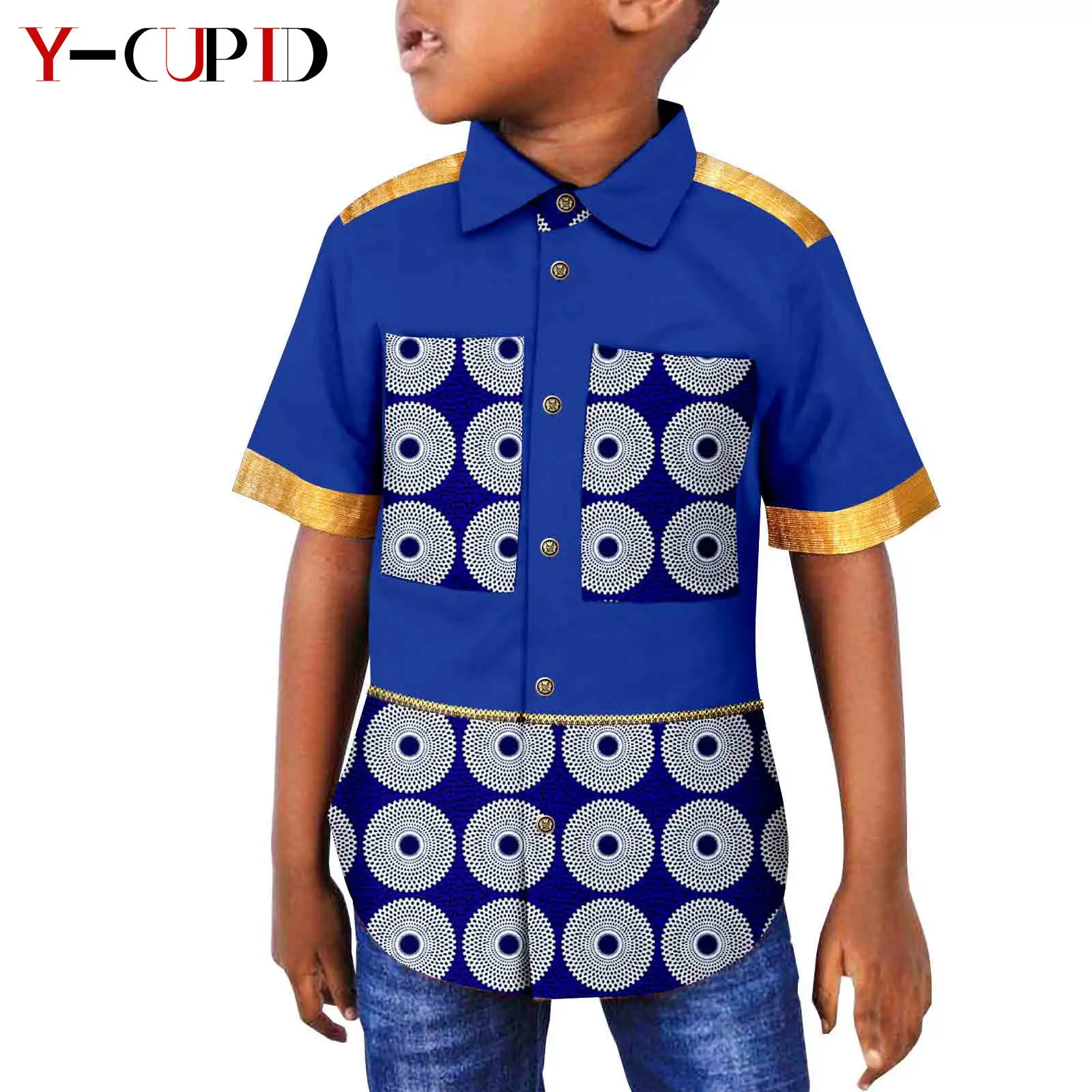 African Clothes Dashiki Summer Boy Outfits Patchwork Print Top Shirt Bazin Riche Fashion Children Kids Beading Outwear Y234011