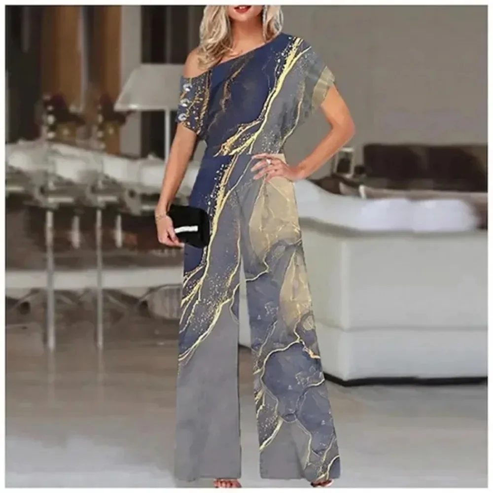 Spring/Summer Women's 1XL-5XL Plus Size Casual Printed Jumpsuit Wide Leg Pants Fashion Diagonal Shoulder Short Sleeved Jumpsuit