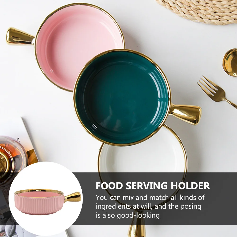 

1Pcs Ceramic Fruit Food Bowl Simple Design Heat Insulated Handle Salad Noodles Dessert Serving Bowl Food Container