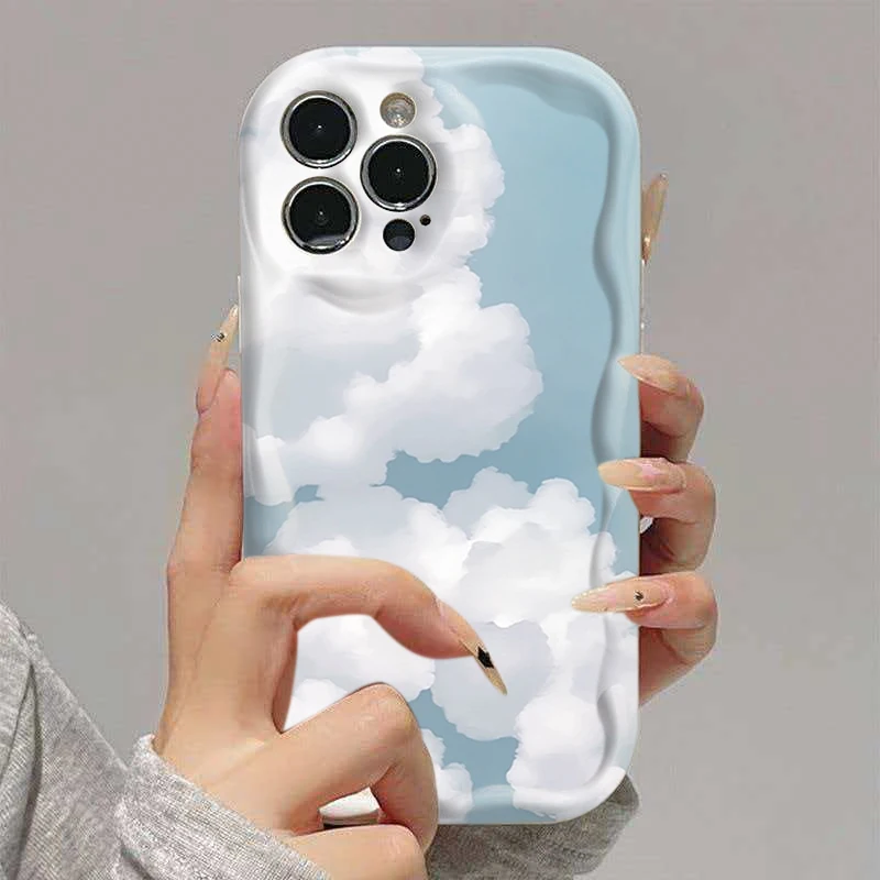 For iPhone 17 16 15 14 13 12 11 Pro Max Case Blue Sky And White Clouds Pattern Wavy Edge Cover For iPhone 16 Plus 16e 17e Fundas