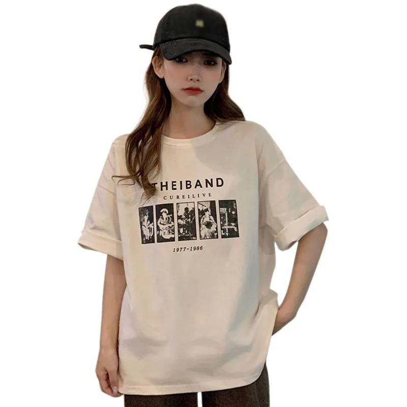 Women Loose Fit Retro Letters Printed T-Shirt Fashion Korea Style Casual Shirt Summer All-Matching Tops Streetwear