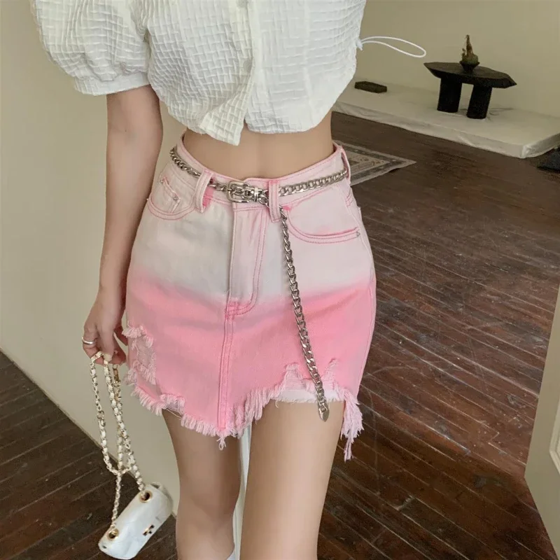 Tight Women's Denim Skirt High Waist Mini Female Jeans Skirts Ripped Wrap Pink Short Gyaru Quality V Clothing Sales Aesthetic