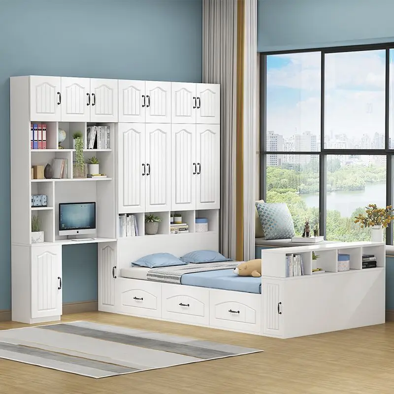 

Tatami wardrobe bed integrated with desk bookcase combination children's room small apartment multi-functional storage bed