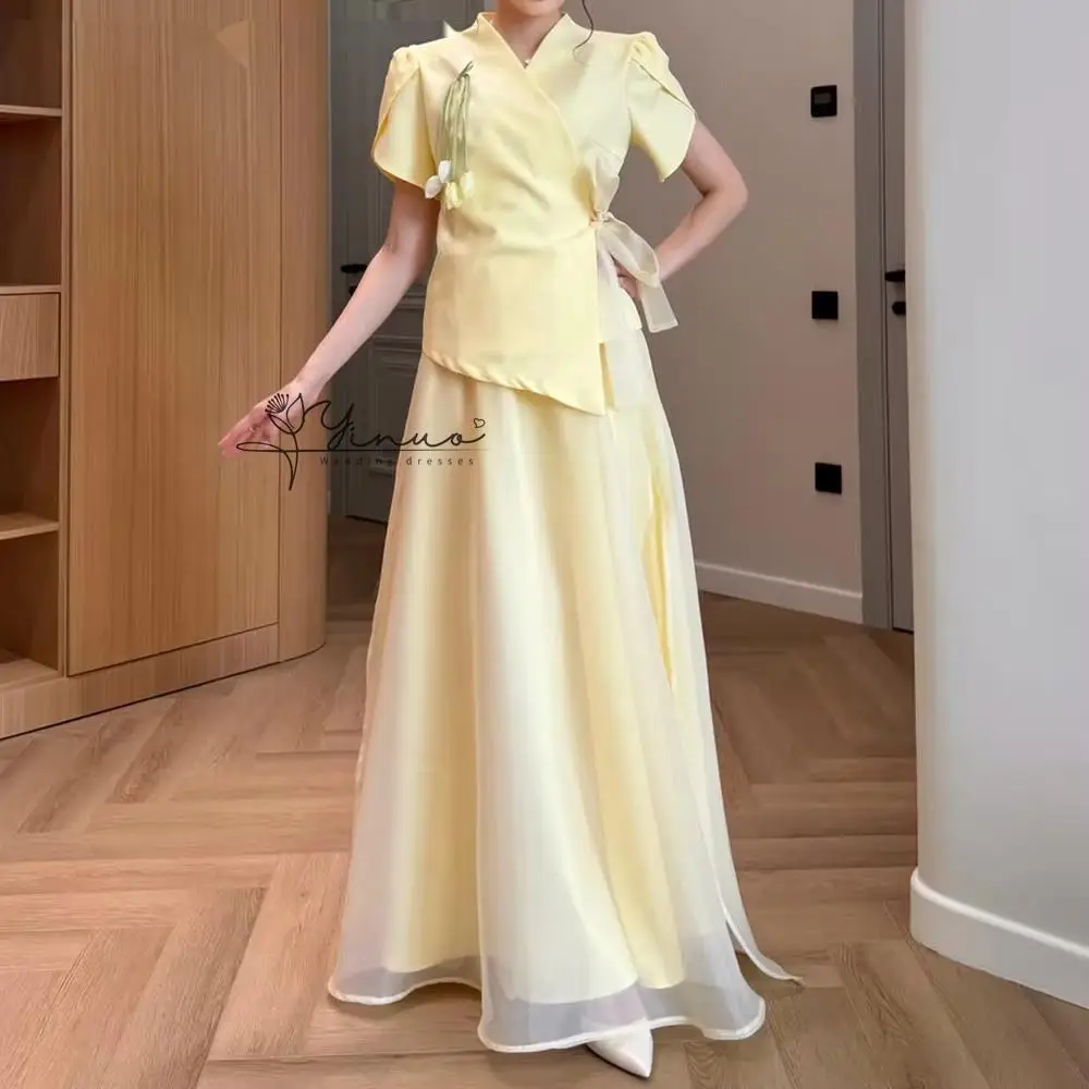 

Customized Women's A-line Evening Dresses Floor-length V-neck Short Sleeve Prom Dresses Fashion Flowers Simple Draped