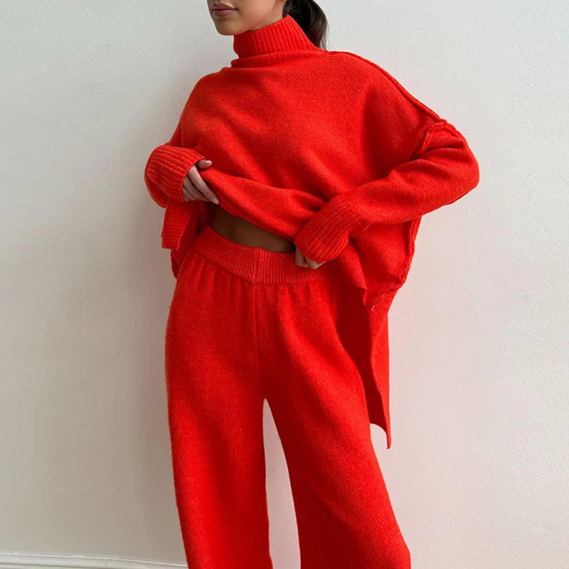 Fashion Turtleneck Slit Pullovers & Long Pants Suit Casual Long Sleeve Thick Knit Sets Women Elegant Simple Solid Loose Outfits