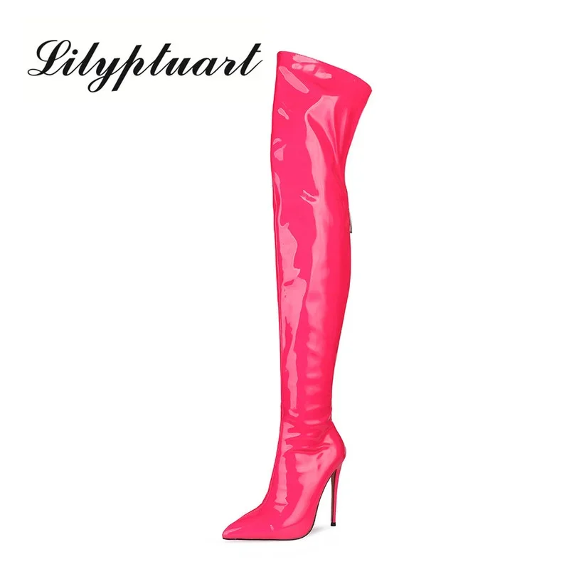 Winter Shiny Patent Leather Over The Knee Boots Pointed Toe Super High Heel Sexy Women\'s Boots Woman Shoes High Heels Sexy