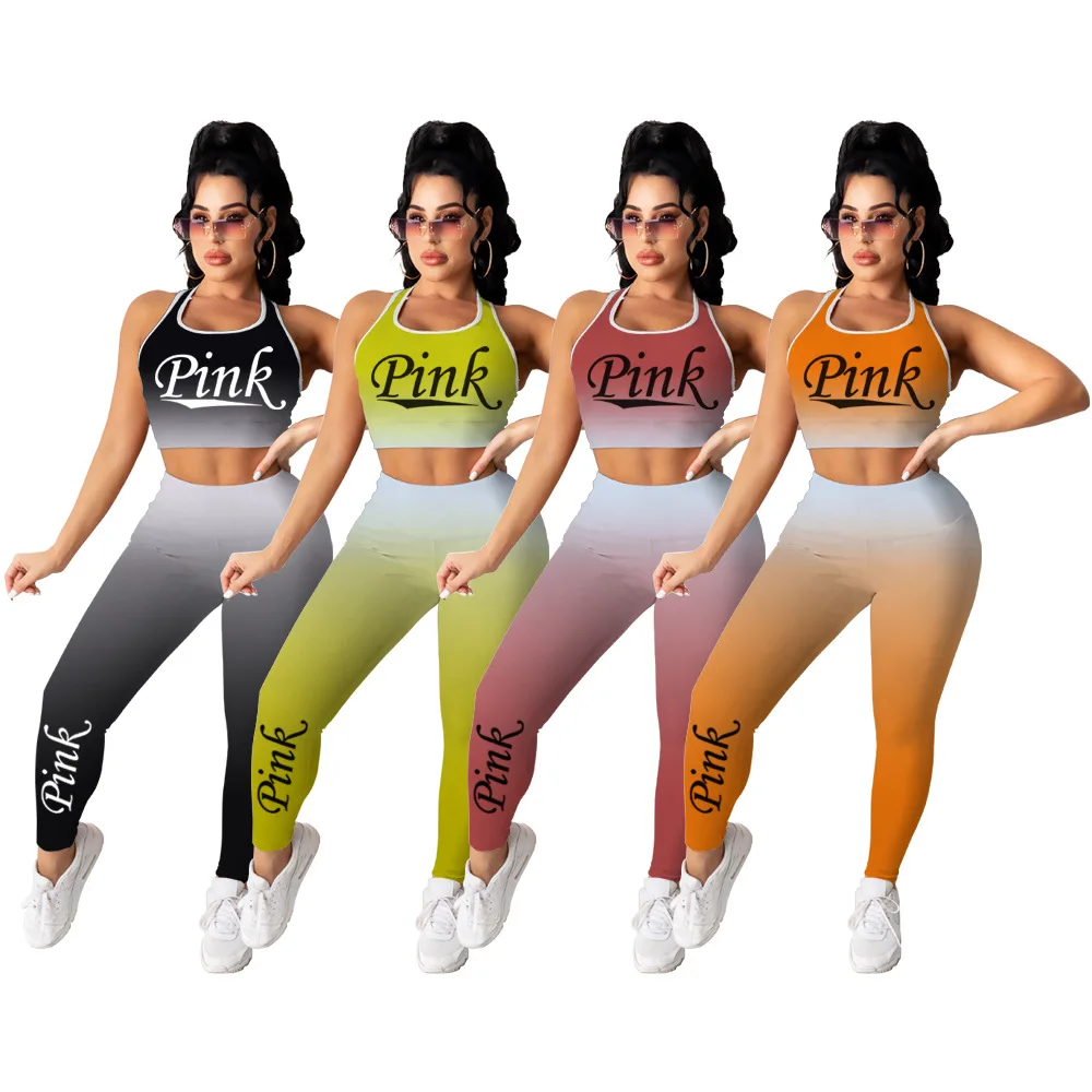 Skinny Tracksuit Sleeveless T-Shirt Pink Letter Print Sport Sets Causal Stretchy 2 Piece Sets Women Outfits 2024 Summer New