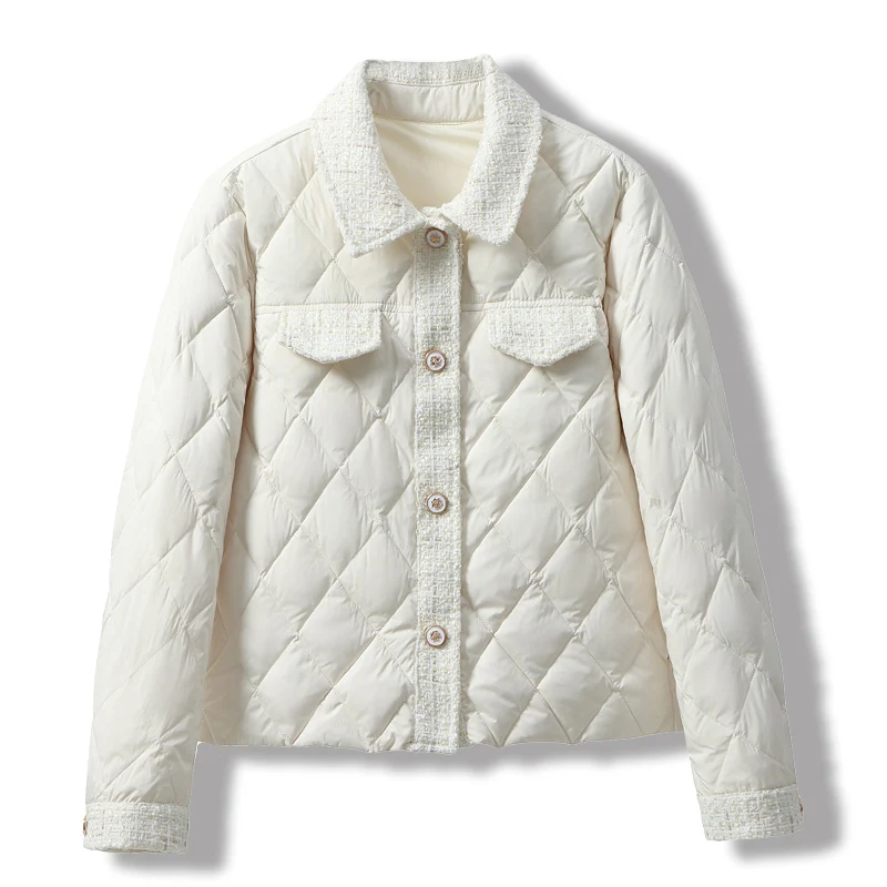 Lightweight Down Cotton Jacket Women\'s Short Jacket 2023 Winter White French Style Fashion Women Jackets Patchwork Tweed Coat