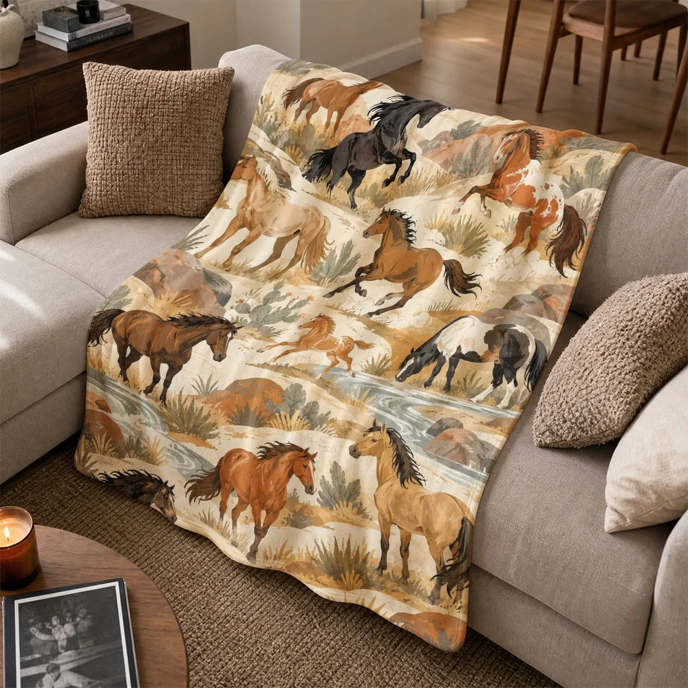 Rustic Horse Print Throw Blanket Sofa Cover Western Bohemian Equestrian Animal Decor Cozy Farmhouse Nursery Wall Throw