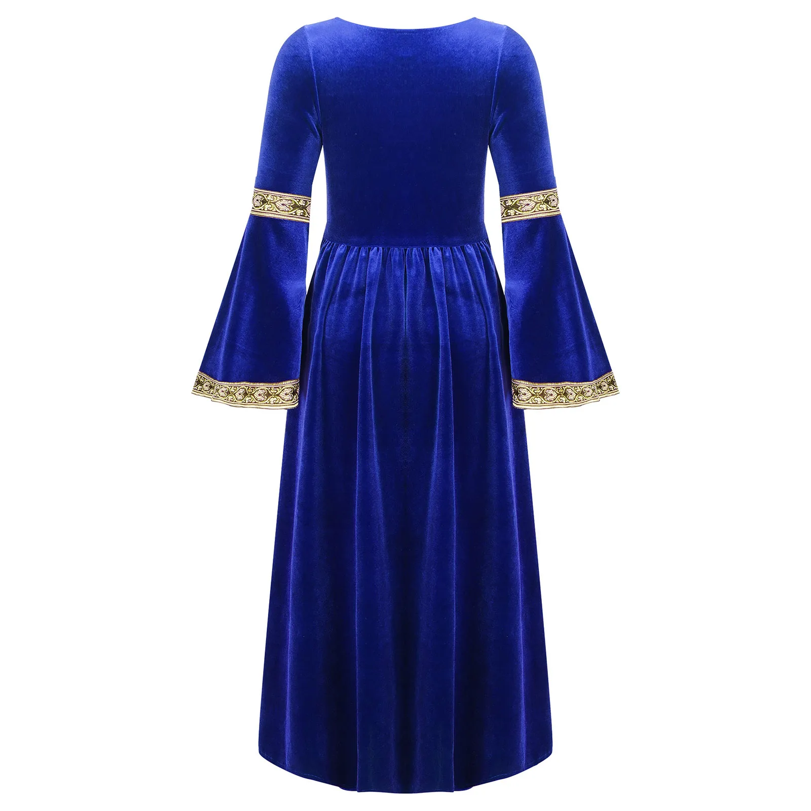 Kids Girls Medieval Renaissance Princess Costume Velvet Long Flare Sleeve Vintage Dress Gown Carnival Party Cosplay Dress Up