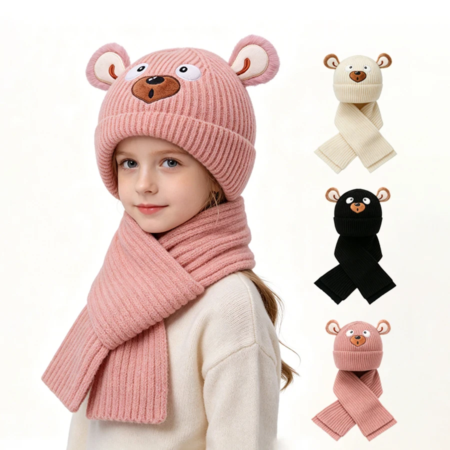 20263-10Y 2pcs New Kids Hat Autumn Winter Knit Hat and Scarf Set for Girls and Boys, Cute Knitwear