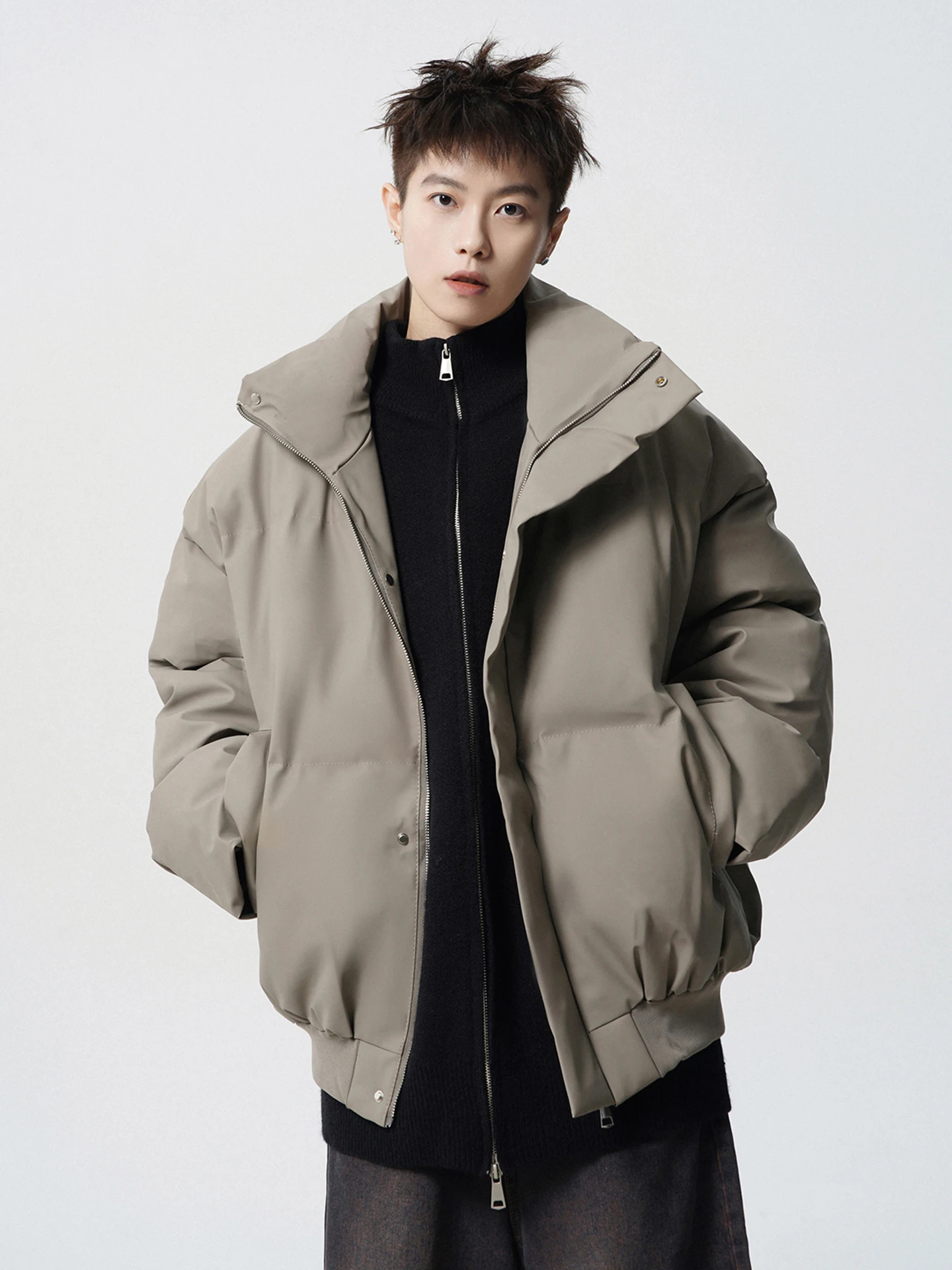 

American Sle ort Puffer Jaet Men's Winter Streetwear Cleanfit Leather down Coat Versatile Loose Bread Sle Clothing