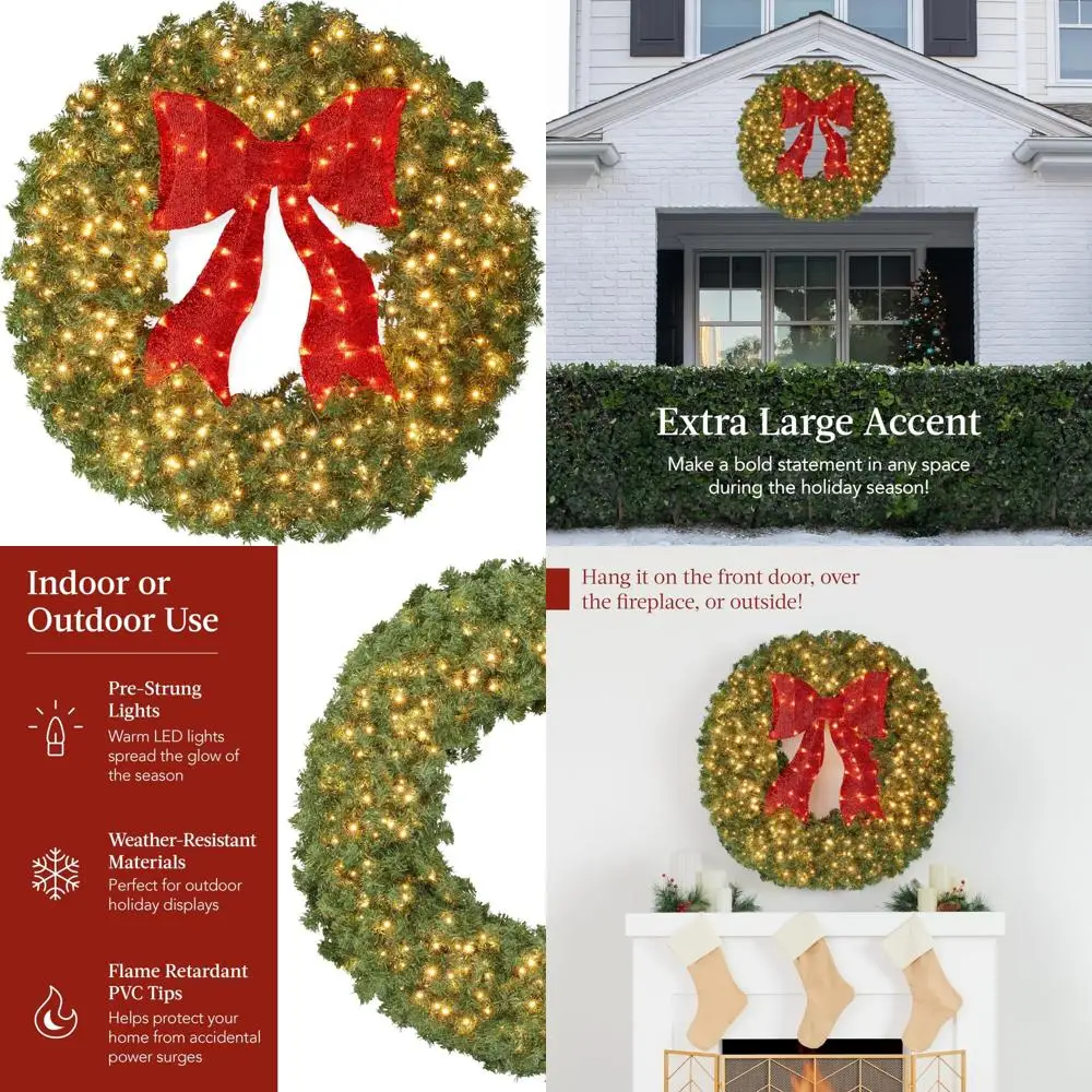 

Искусственный 24-дюймовый предварительно освещенный рождественский венок из ели с красной огнями, идеально подходит для праздничных украшений на дверь или каминке