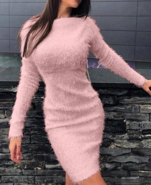 Women's Sexy Sweater Dress Delicate Solid Color Autumn Winter Fleece Fashionable Personality Long Sleeves Streetwear Robe Femme