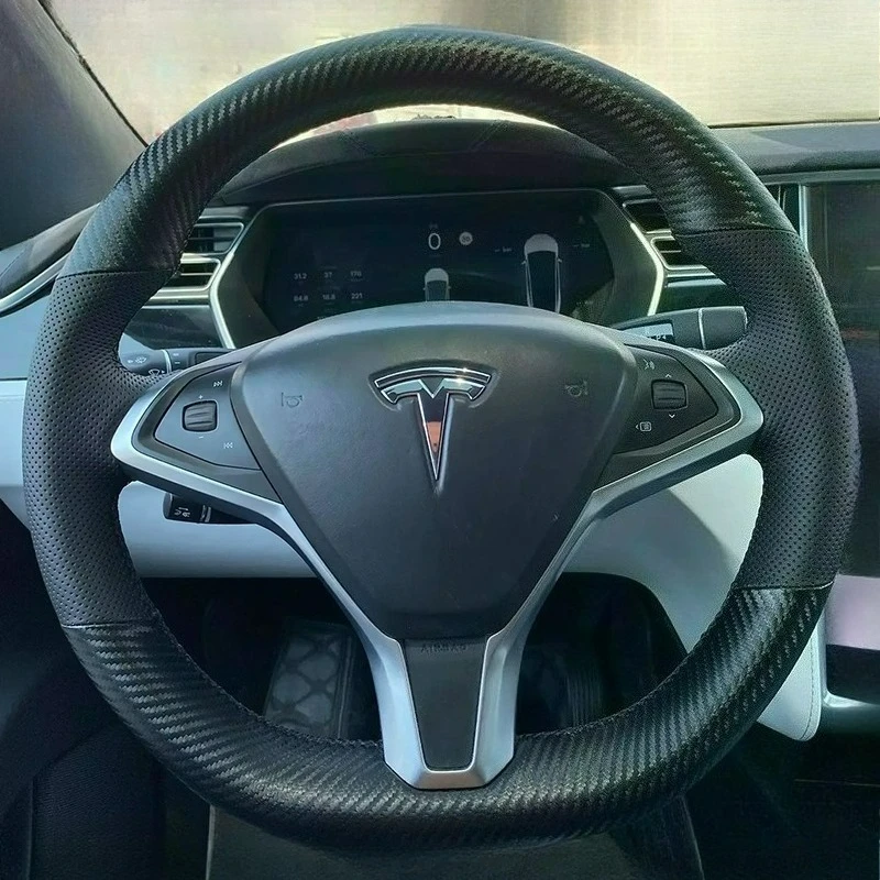 

Для Tesla Model S 2009-2018 Model X 2012-2018 ручная прошивка черный нескользящий чехол на руль из натуральной кожи из углеродного волокна