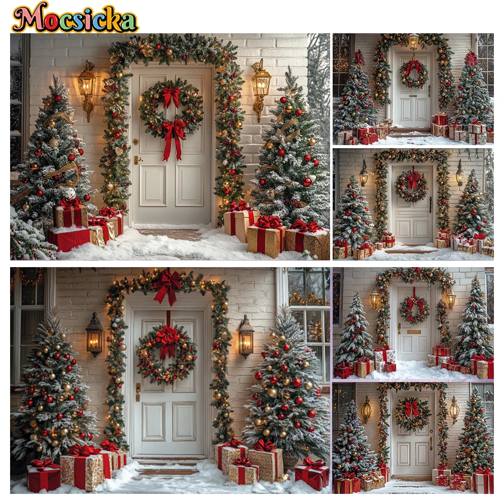 Mocsicka Winter Christmas Photography Backgrounds Gorgeous Door Xmas Tree Holiday Party Adults Children Photo Backdrops Studio