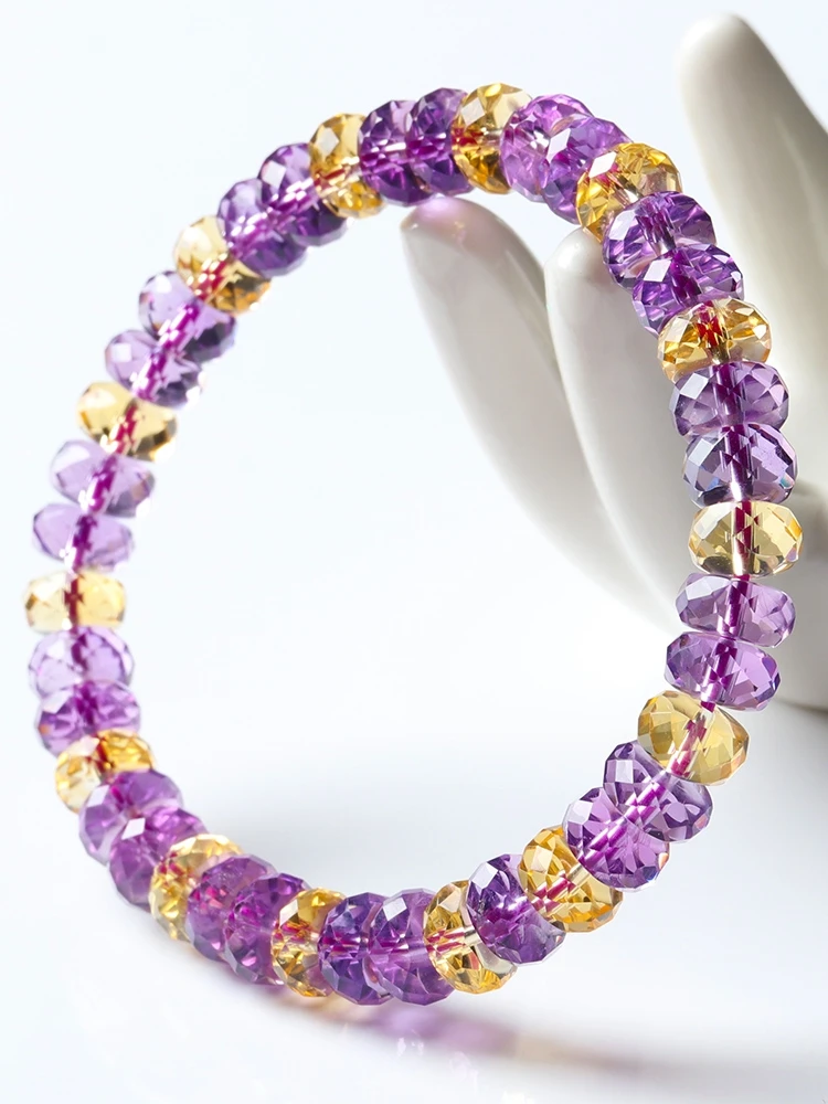 100% Natural Multi-faceted CLEAR Amethyst &Yellow crystal Stretch Bracelet