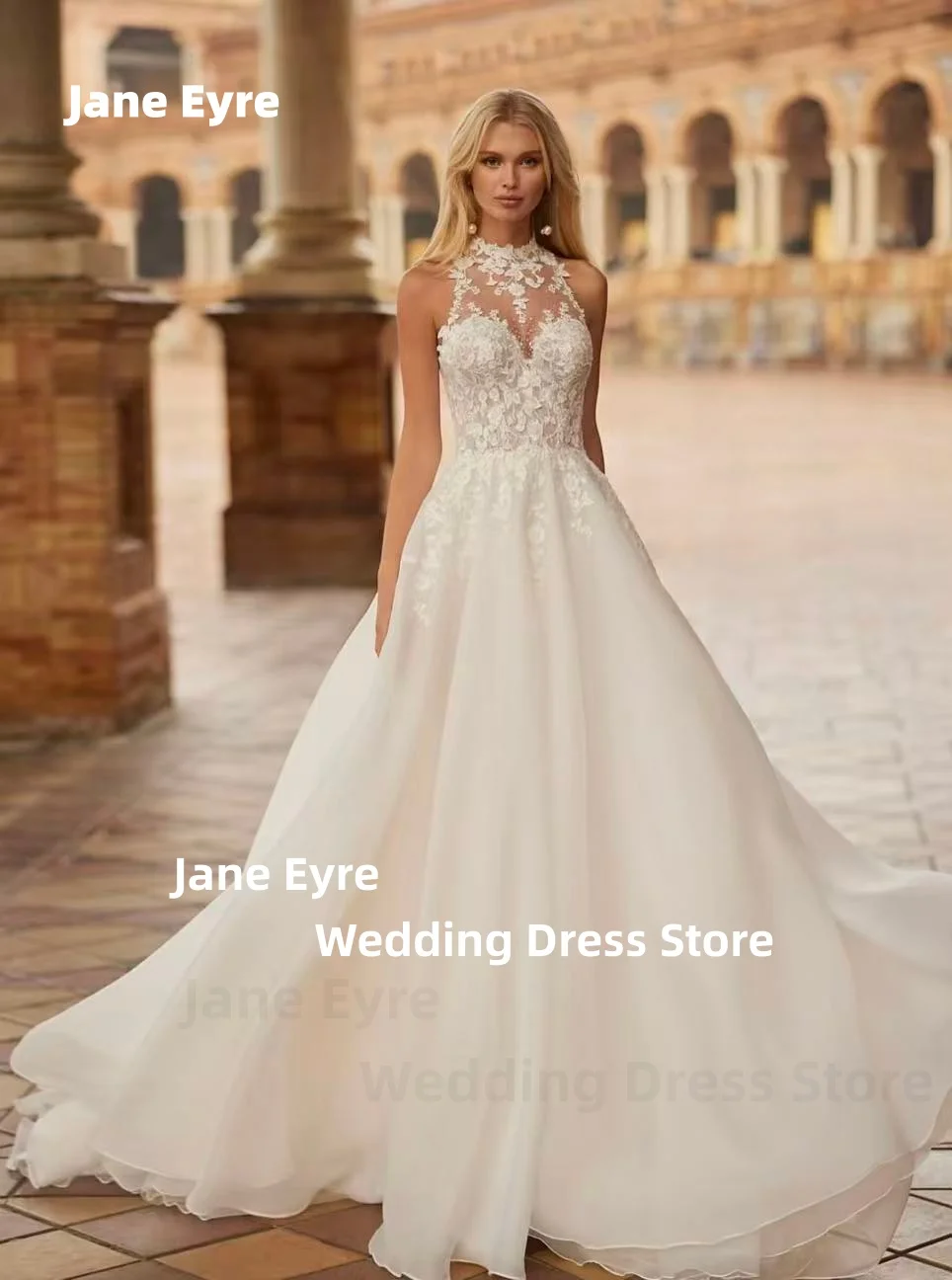 ジェーン・エア ホルター A ライン女性のウェディングドレスカスタマイズされたエレガントなレースプリントチュールノースリーブブライダルガウン装飾ローブ