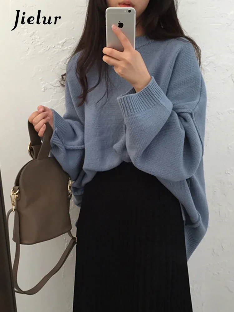 Jielur Casual Solid Color Blue Coffee Sweater Women Korean Chic Vintage Basic Loose Pullover Long Sleeve Knitted Sweaters Female