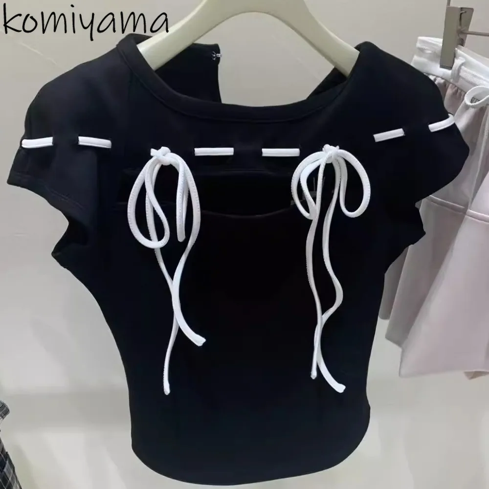 

Lace Up Bow Ropa De Mujer Hollow Out Woman 2025 Clothes New Trendy Fashion Clothing Japan All-match T Shirts Summer Roupas