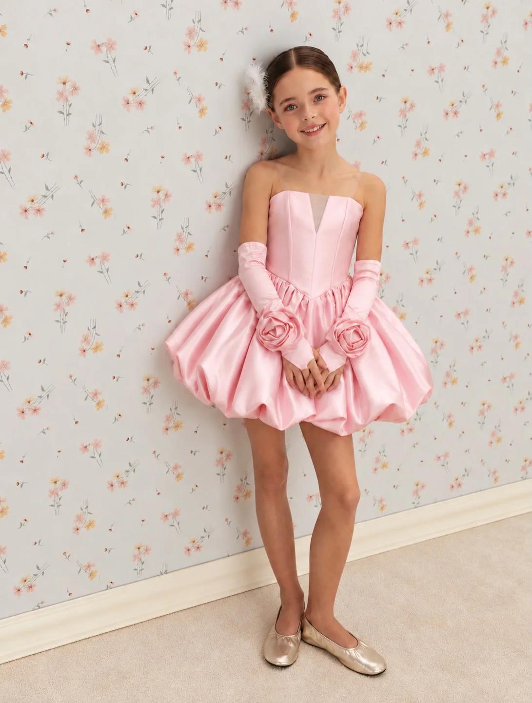 Girls Pink Satin Spaghetti Strap Bubble Dress With Flower Gloves Birthday Wedding Pageant Princess Party Gown Flower Girl Dress