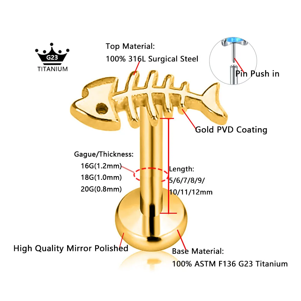 ASTM F136 G23 Titanium Fish Bone Threadless Piercing Pin Push in Lip Stud Daith Conch Tragus Flat Back Earring 16G 18G 20G