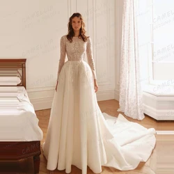 Luxury Wedding Dresses A Line Women's Glisten Appliques Long Sleeve Sexy Fluffy High Neck Bride Gown Vestidos De Novias 2025