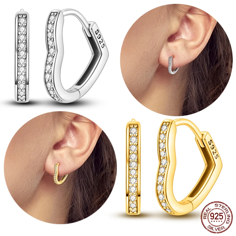 

100% 925 Sterling Silver Zircon pave Heart Hoop Earrings Gold plated Moon Star Opal Ear Needle Ear Buckle Wedding Women Jewelry