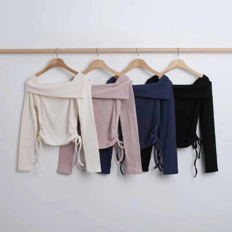 Frauen Neue Feste Sexy Schlank Off Schulter Pullover Slash Neck Langarm Stricken Pullover Büro Mode Neue Ziehen Falten Crop Tops