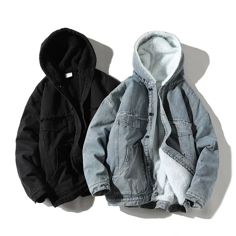 2023 neuer Winter verdickter Lamm wolle Hoodie vielseitiger Denim Baumwoll mantel großer fester Winter Baumwoll mantel