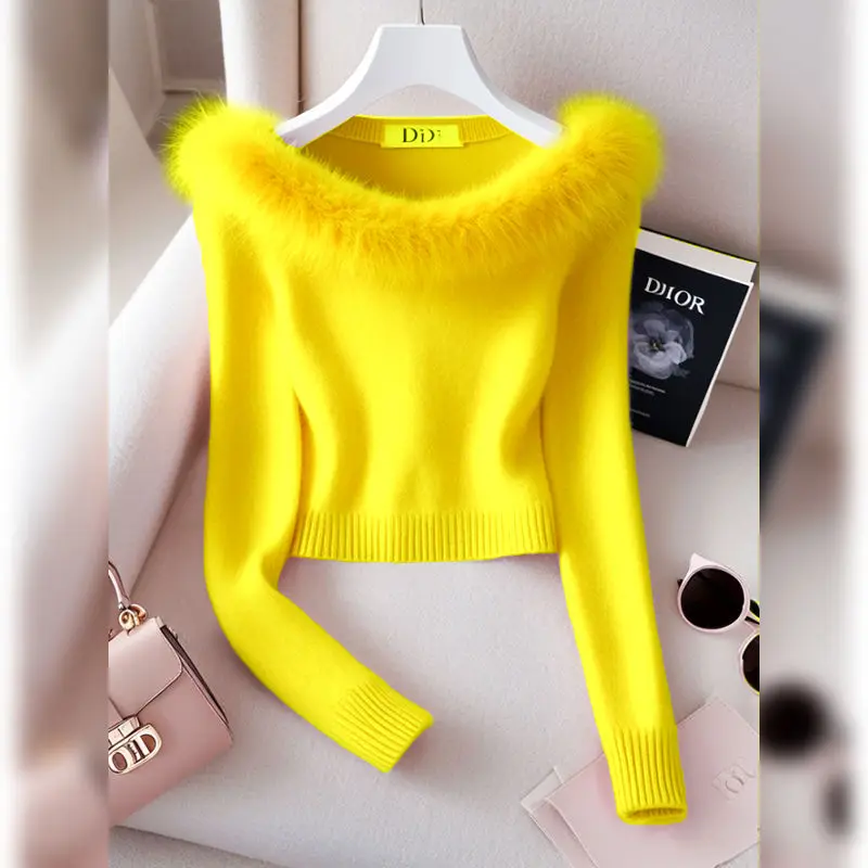 2024 Autumn New Korean Style Knitted Top Soft Temperament Slim Fit Solid Color Chic Versatile Simple Sweater Pullover