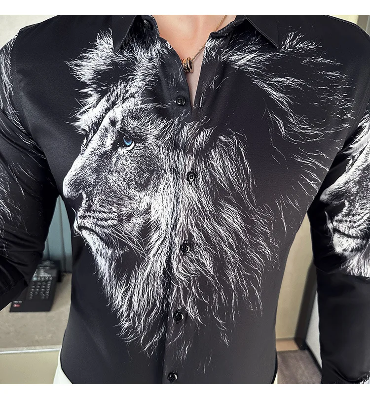 6XL New Men Vintage Cougar Print Long Sleeve Shirt New Fashion Mens Hawaiian Casual Slim Fit Black Shirts Playeras Para Hombres