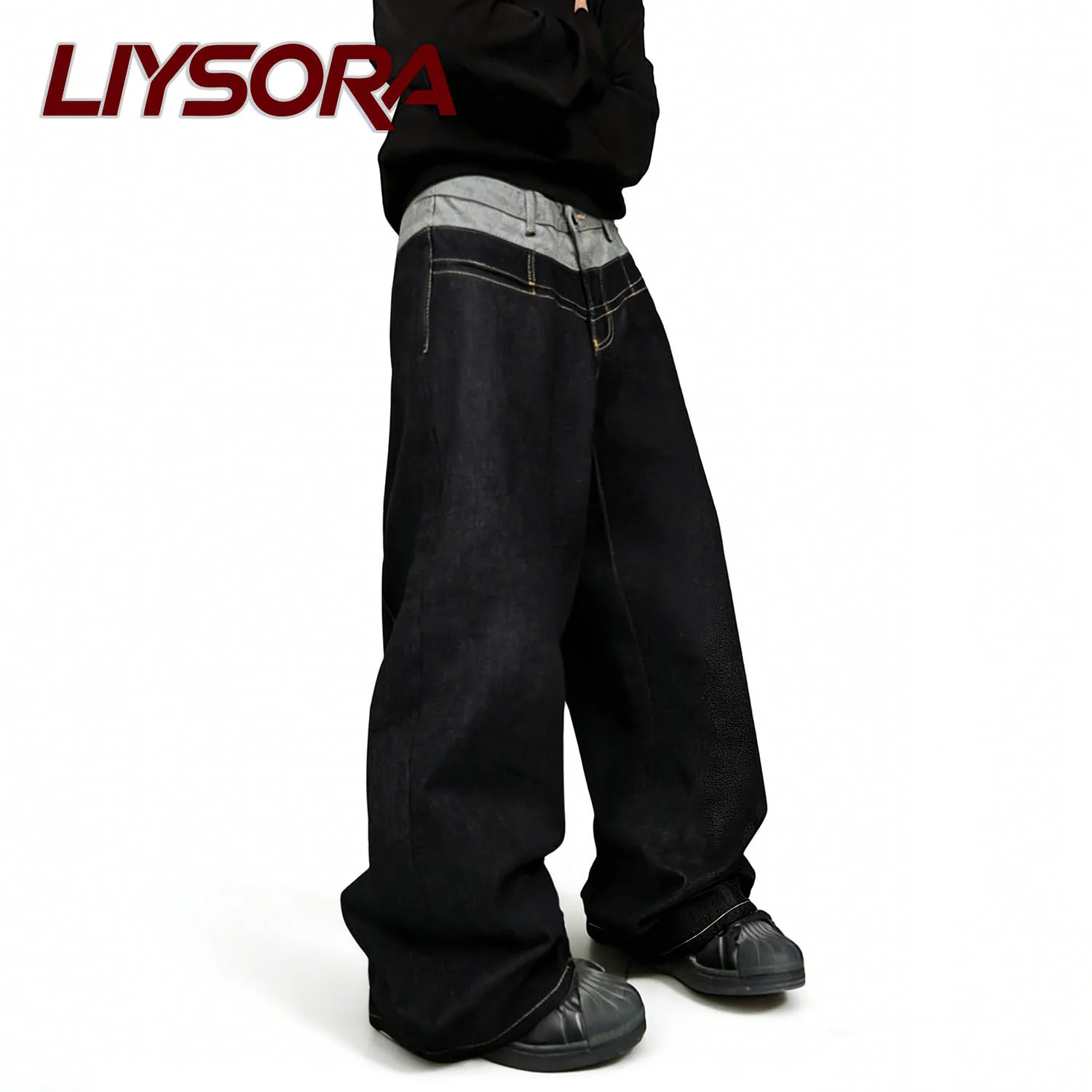 جينز رجالي أسود بتصميم عتيق بخصر مزدوج فضفاض وواسع الساق بتصميم الشارع من قماش الدنيم ملابس جينز فضفاضة واسعة الساق للجنسين #3