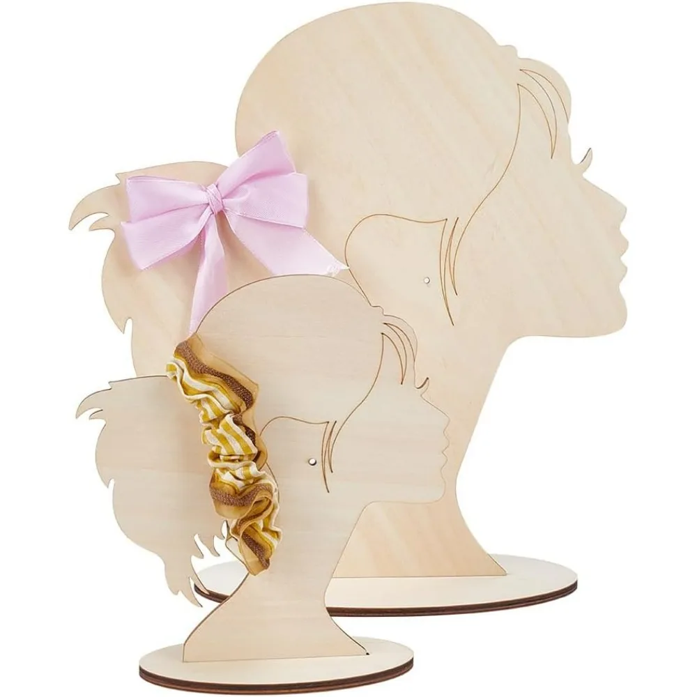 2 Sets Hairpin Display Stand 2 Sizes Head Silhouette Hair Bow Holder Wooden Head Template Single Tail Silhouette Display Stand