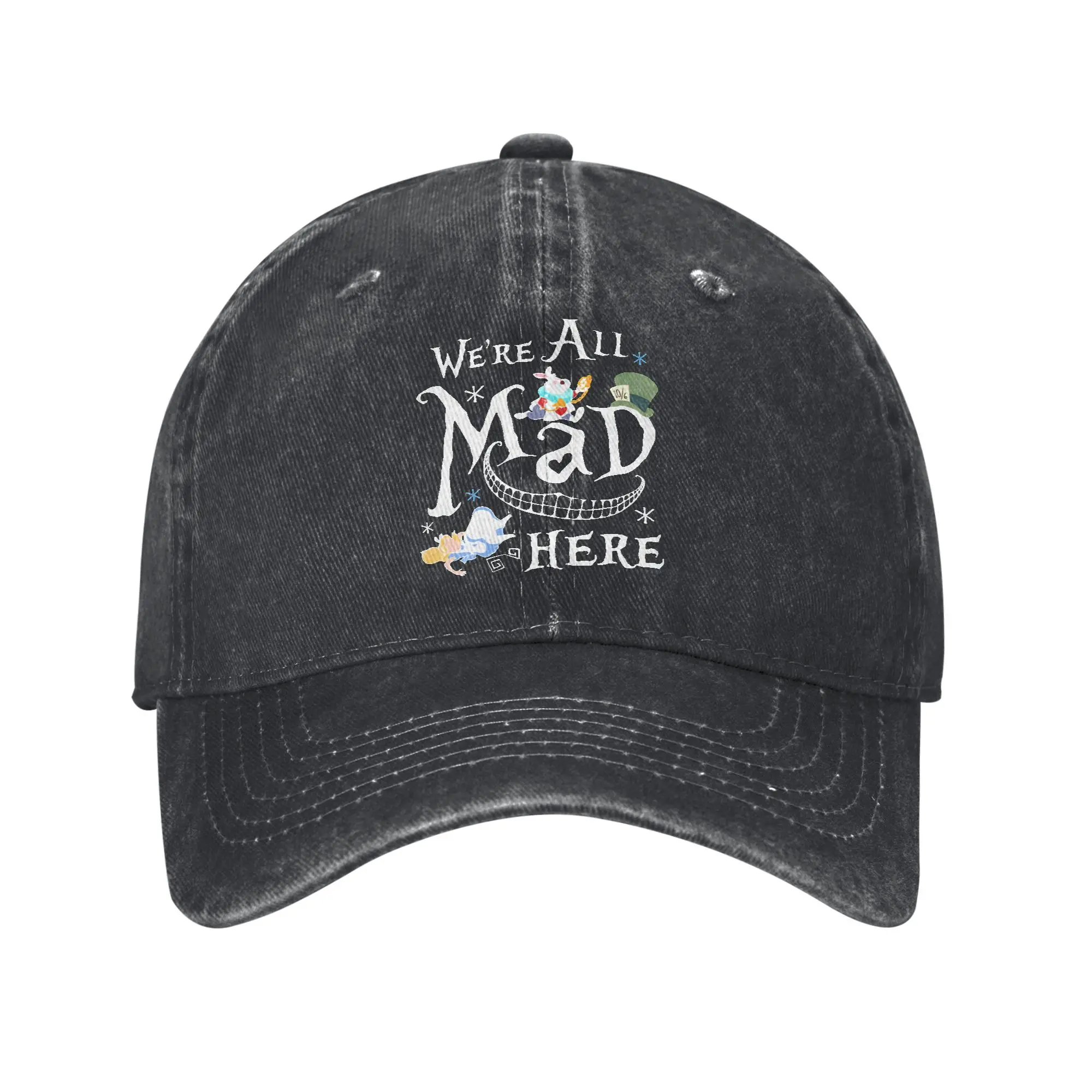 

Alice in Wonderland We're All Mad Here Baseball Cap Vintage Distressed Cotton Snapback Hat Unisex Outdoor Adjustable Fit Cap Hat