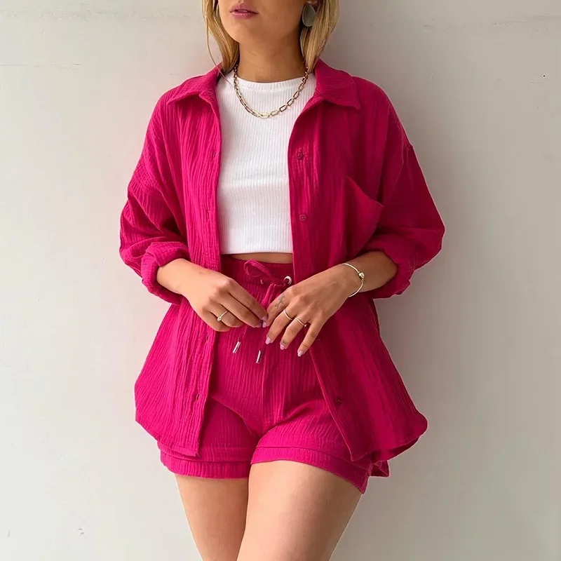 Summer Sexy Women\'s Suit Short Sets Outfits Muslin Suit Women 2024 Female Clothing Solid Button Two Piece Sets Womens Outifits