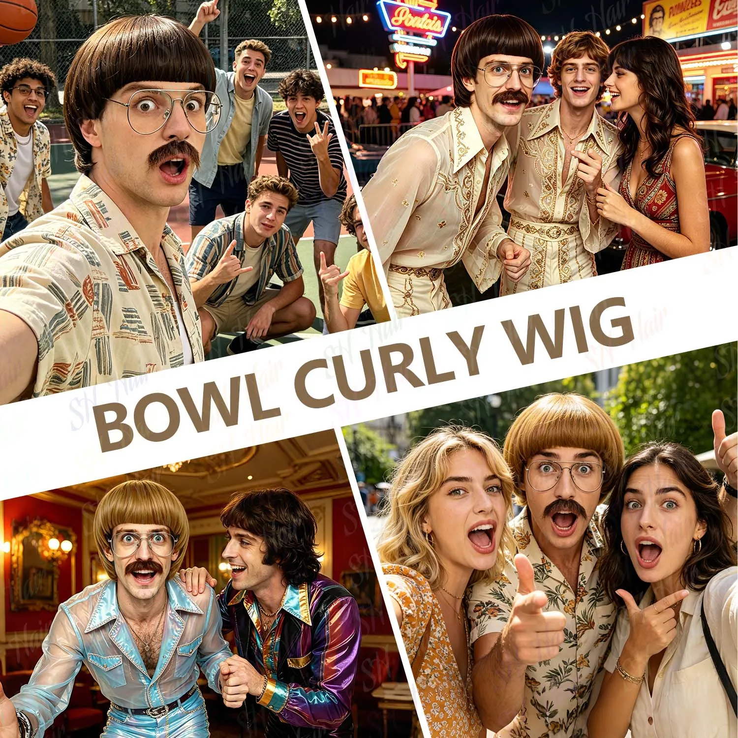 Synthetic Mens Bowl Cut Wig+Glasses+Mustache 60s 70s Retro Mushroom Wig Unisex Funny Crazy Wig for Daily Halloween Cosplay Party