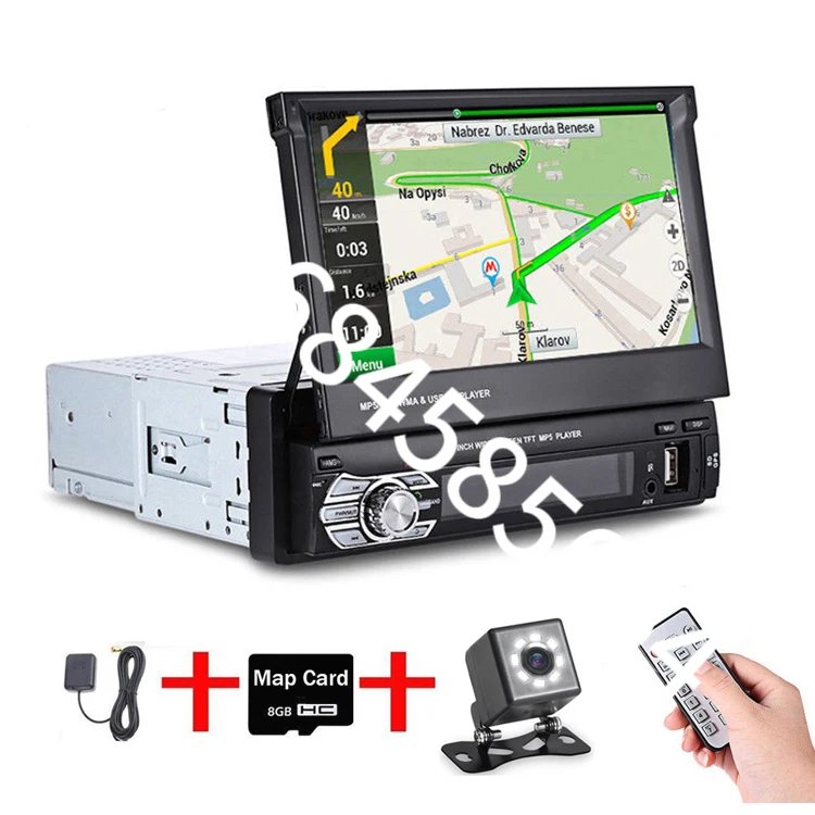 

1Din Car Radio Autoradio GPS Navigation BT Stereo 7" Retractable Touch Screen FM USB SD + 8 IR Rear View Camera