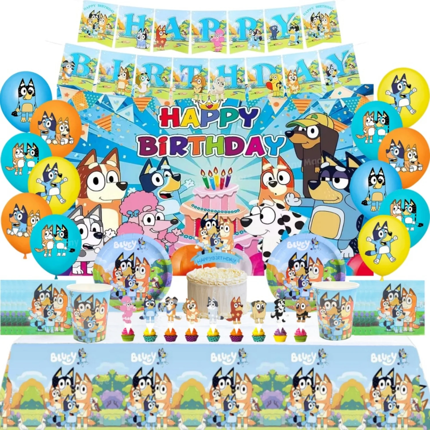 100 pièces Bluey fournitures de fête d'anniversaire papier bannière toile de fond ballons décoration de gâteau assiettes nappe enfants anniversaire décorations ensemble